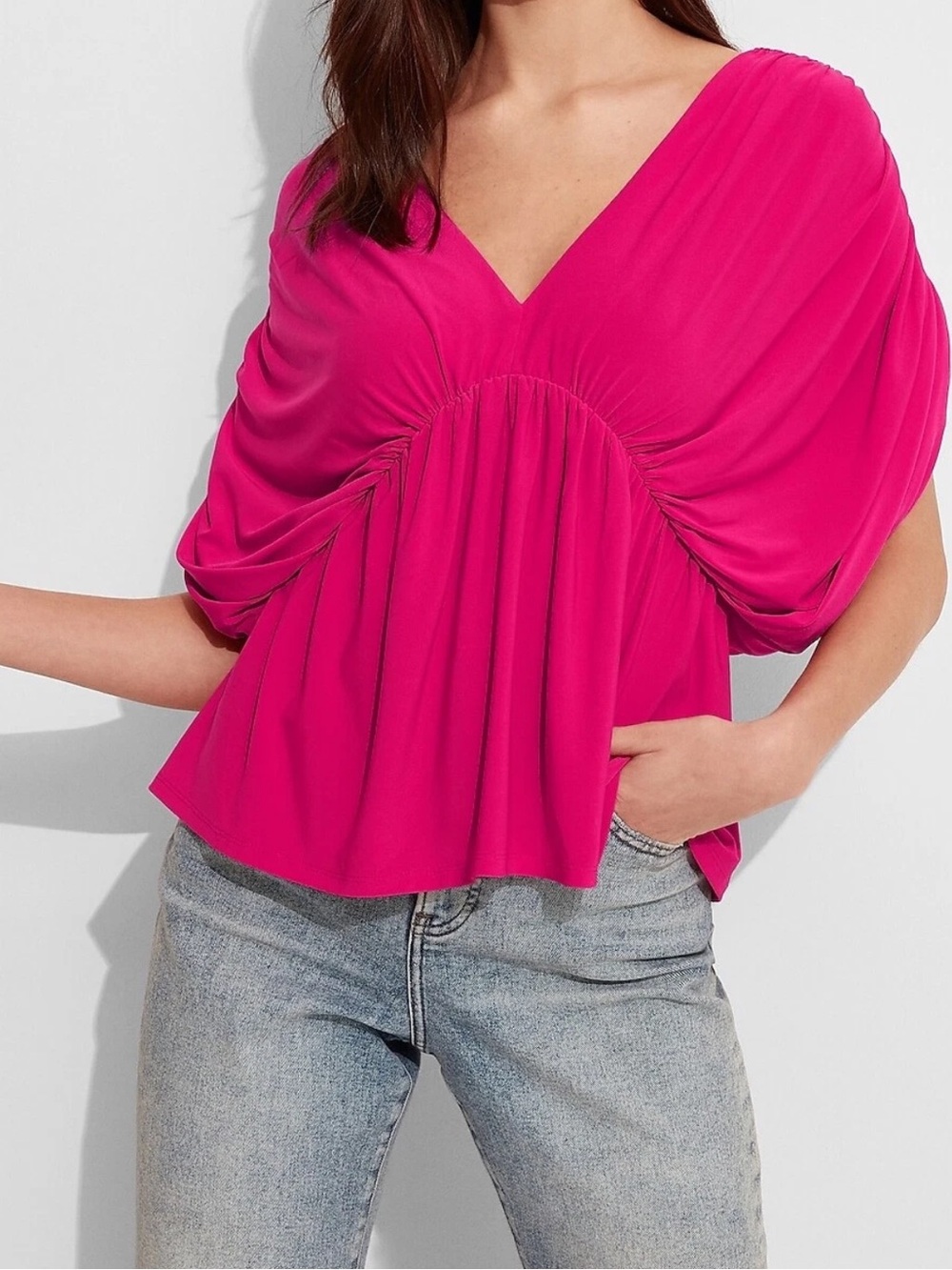 New Express Deep V Neck Draped Fuchsia Pink Peplum Blouse Top Medium